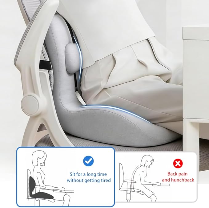 Adjustable Seat Cushion & Lumbar Support Pillow Set for Office Chair, Ergonomic Pillow for Sciatica Pain Relief, Memory Foam Back Support Pillow & Chair Cushion for Car seat, Desk Chair (grey)