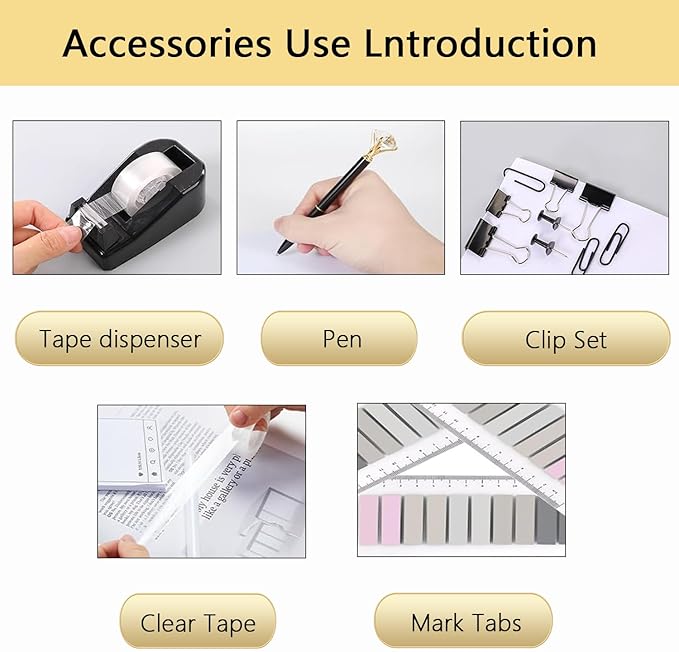 Office Supplies,Black Desk Accessories,Office Supplies Set,Desk Organizer,Stapler,Tape Dispenser,Scissors,Staple Remover,Binder Clips,Staples,Ballpoint Pen,Index Tabs with Ruler,Clear Tape.10pcs