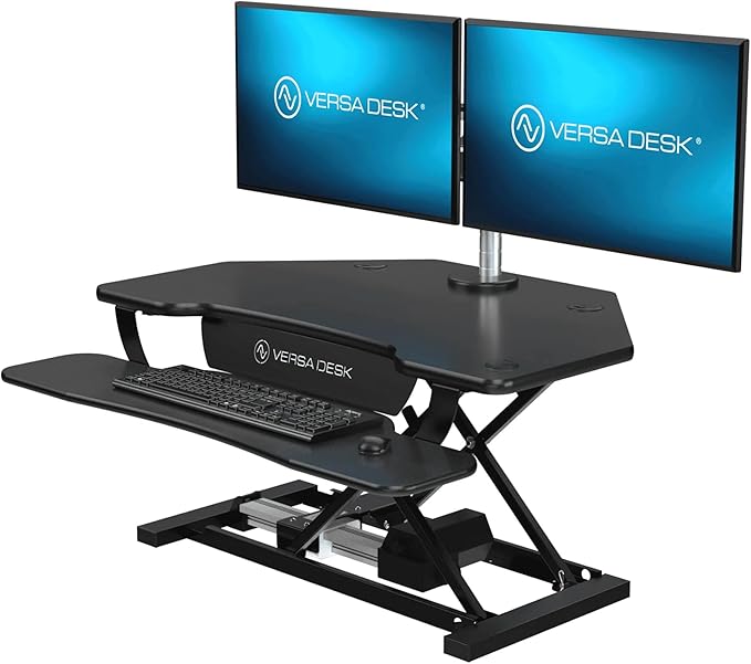 VERSADESK PowerPro 36" Corner Standing Desk Converter, 36 Inch Motorized Height-Adjustable Standup Desk Riser Sit to Stand Desktop with Keyboard and Mouse Tray + USB Charging Port, Black