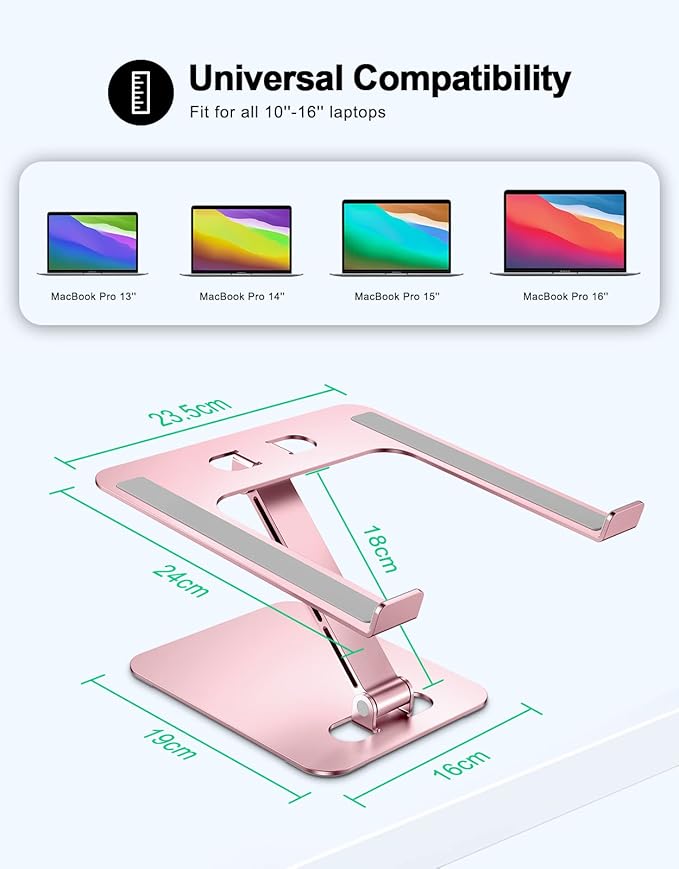 RIWUCT Foldable Aluminum Alloy Laptop Stand for Desk, Height Adjustable Ergonomic Computer Stand, Portable Laptop Riser Holder Notebook Mount Compatible with MacBook Pro Air/HP/Dell 10-16", Pink
