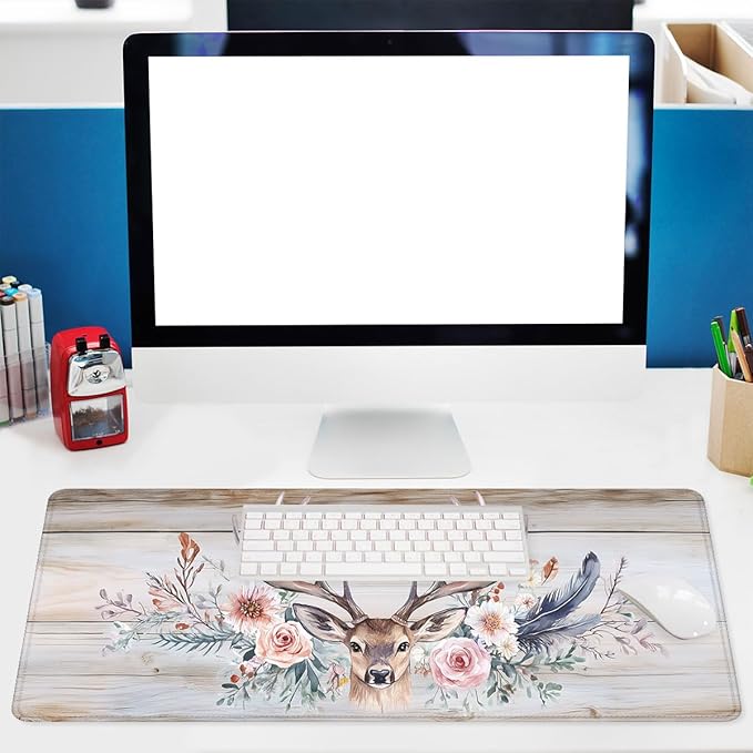 Floral Deer Desk Mat Rustic Nature Wood Farmhouse Mouse Pad Large Mousepad Extended Laptop Keyboard Mat Gaming Desk Pad Mouse Mat 31.5"x11.8"