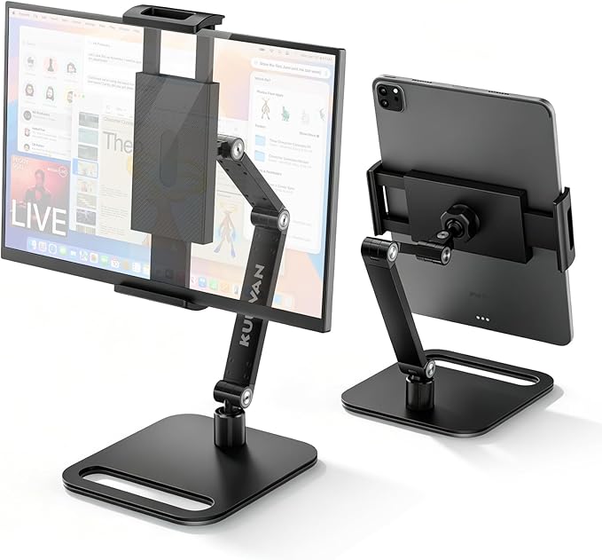 Portable Monitor Stand Holder for 15.6'',17.3'', Tablet Stand Holder for iPad, Aluminum Alloy Foldable Arm Mount with 360° Swivel Desk Mount Compatible with 4.7-17.3inch Tablet (Black)