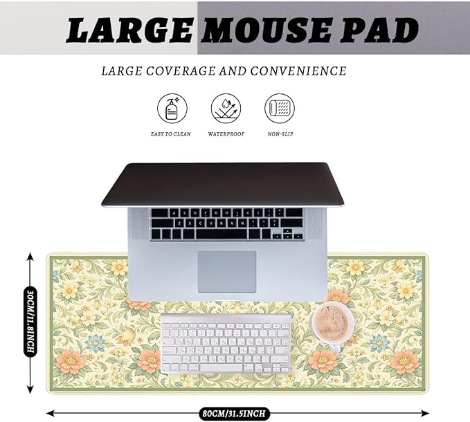 Vintage Floral Mouse Pad Green Botanical Cottage Garden Extended Mousepad Waterproof Stitched Edges Rubber Base Non-Slip Deskmap Computer Keyboard Mat 31.5x11.8 Inch