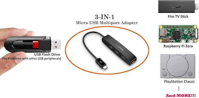 3-Port Micro USB OTG Hub Adapter (3 USB Ports + Power Port) for Fire Stick 4K, PlayStation Classic, Raspberry Pi Zero, Sega Genesis Mini, S/NES Classic Mini and More - Black