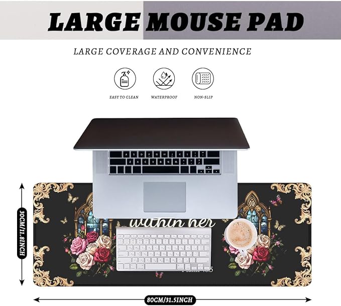 Christian Gaming Mouse Pad Bible Verse Psalm Floral Faith Extended Gaming Mouse Pad Mat with Stitched Edge Non-Slip Base Big Mousepad 31.5"x11.8"