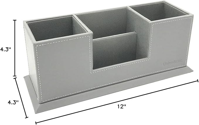 UnionBasic 4 Compartment Desk Organizer - Dual Pen Holder - Card/Pen/Pencil/Mobile Phone Office Supplies Holder (Grey)