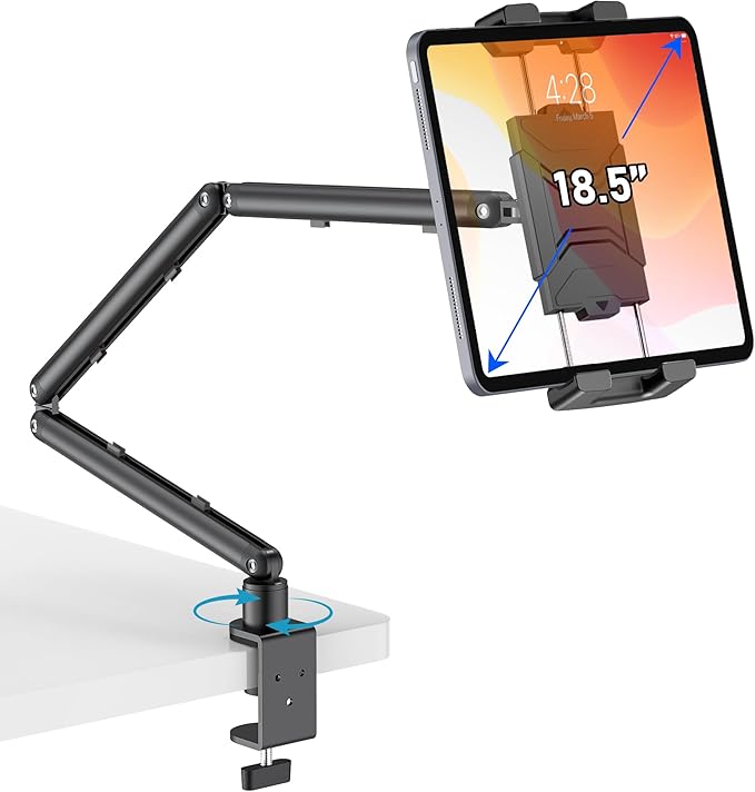 Portable Monitor Stand 15.6", Heavy Duty Tablet Arm Mount with Desk Clamp, Sag-Free Adjustable iPad Holder for Bed, 360° Foldable Arm Fits 4.7"-18.5" iPad Pro/Air/Mini, 2.2lbs Capacity, Matte Black