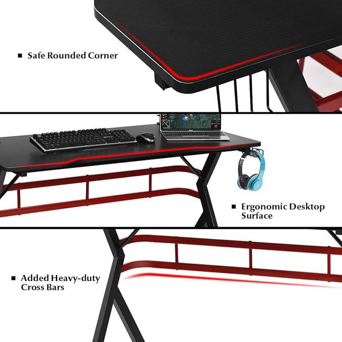 Tangkula Gaming Desk and Chair Set, Ergonomic Gamer Desk & Racing Chair Set Cup Holder, Headphone Hook, Handle Rack & Monitor Stand, Massage & Headrest, Home Office Computer Desk Chair Set (Red)
