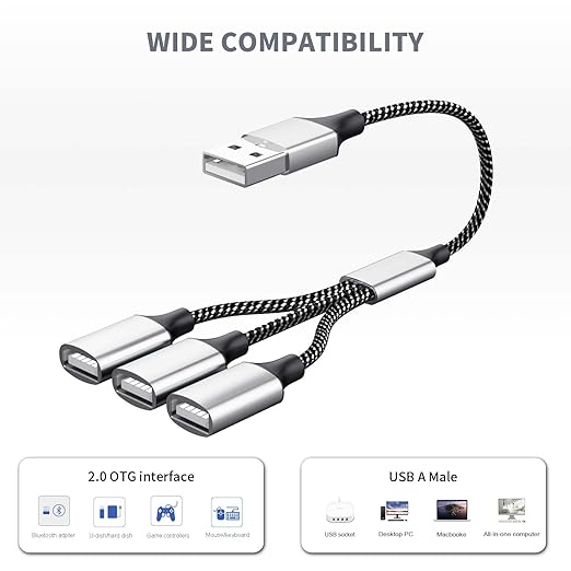 Fidioto USB Splitter Y Cable,USB 1 Male to 3 Female Extension Cord Connector, Three USB Port Extender Hub,Data&Charger Power Split Adapter for Mac,Laptop,PC,Xbox One Series X/S,PS4,PS5