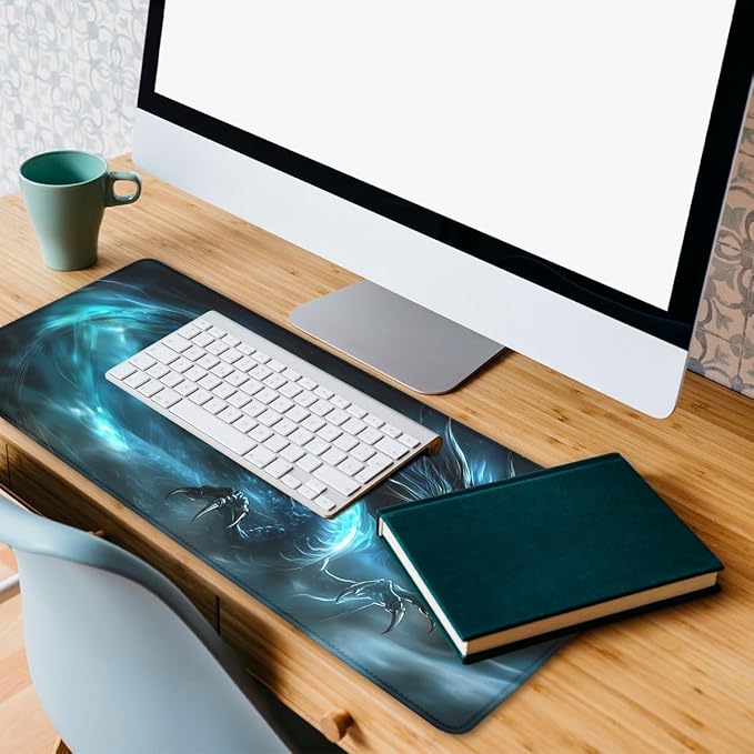 Blue Dragon Mouse Pad, Dark Fantasy Fire Dark Art Gaming Desk Mat with Stitched Edges,Non-Slip Waterproof Rubber Base Mouse Mat, 31.5x11.8in Mouse Pads for Desk Home Office Gaming