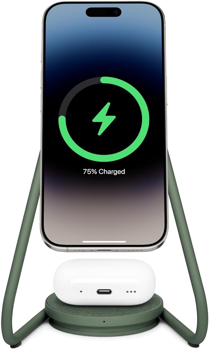 COURANT MAG:2 Wireless Charging Stand - Belgian Linen, 2 in 1 Multi-Device Charger - Magnetic Stand for MagSafe iPhones 16, 15, 14, 13, 12 with Charging Base for AirPod Cases, (Forest)