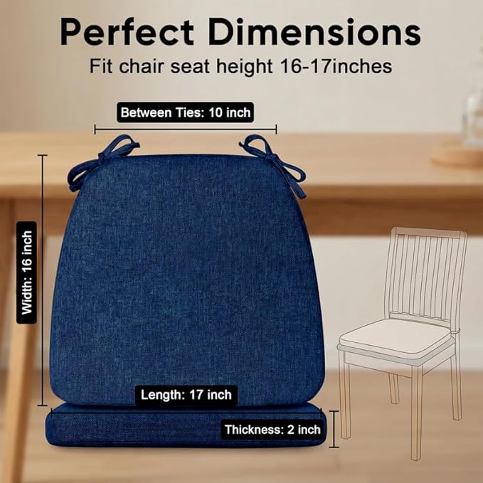 Chair Cushions Set of 6, D-Shaped Seat Cushion for Chair, Non Slip Chair Pads with Ties, 17" x 16" x 2", 40D Foam, Removable Washable Cover, Seat Cushions for Kitchen Chairs, Dark Blue