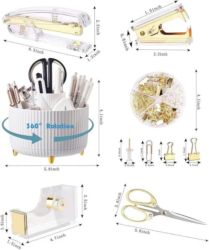 Gawsey Gold Desk Organizers and Accessories Set with 360-Degree Rotating Pen Holder, Acrylic Stapler, Tape Holder, Staple Remover, Binder/Paper Clips Kit, Scissor and 1 Box of Staples