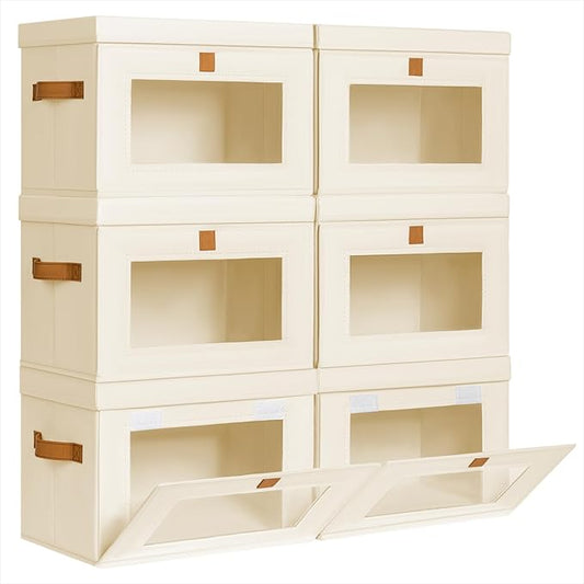 Homsorout Small Fabric Storage bins - Collapsible Storage Bins with Open Window, 6 Pack Closet Baskets for Shelves, Stackable Decorative Boxes for Home, Dorm, Beige, 13.7"x 9.8" x 9.8"