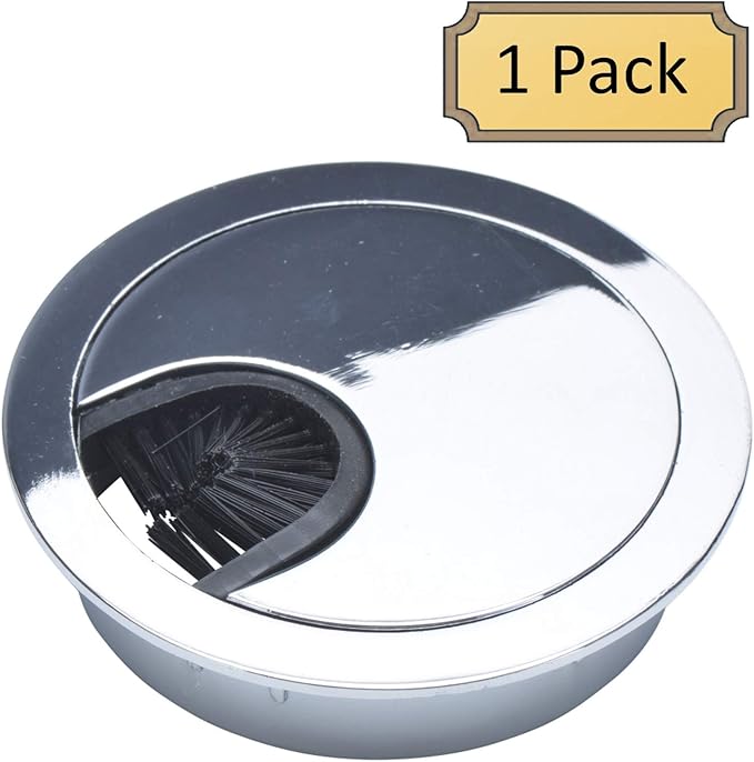 Polished Chrome Metal Cable Grommet | 2 Piece "Lock in" Feature with "Brush" Opening for Management of Office & Computer Desk Wires | 60mm (2 3/8") Hole Opening | 1 Pack