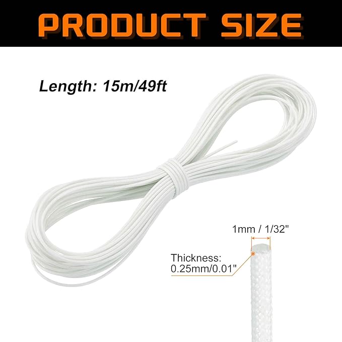 MECCANIXITY 49ft Braided Cable Sleeve, 1/32" ID 200C Heat Resistant 1500V Fiberglass Wire Insulation Cord Protector Organizer Wires Management for Motor Engine Fuel Line, White