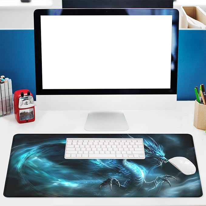 Blue Dragon Mouse Pad, Dark Fantasy Fire Dark Art Gaming Desk Mat with Stitched Edges,Non-Slip Waterproof Rubber Base Mouse Mat, 31.5x11.8in Mouse Pads for Desk Home Office Gaming