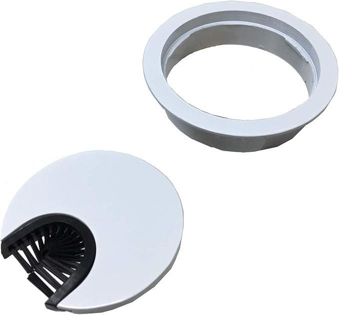 Gloss White Metal Cable Grommet | 2 Piece "Lock in" Feature with "Brush" Opening for Management of Office & Computer Desk Wires | 60mm (2 3/8") Hole Opening | 1 Pack