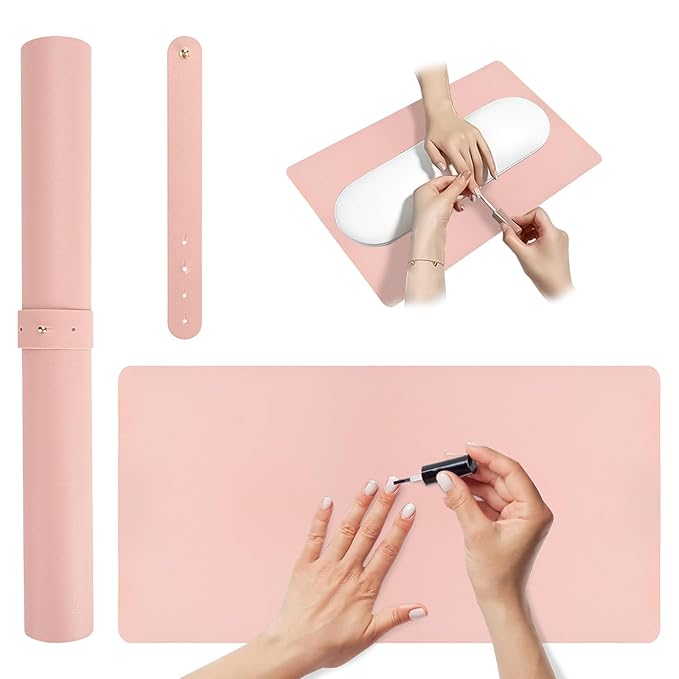 Adorila Pink Nail Art Table Mat, Large Multipurpose Waterproof Heat Resistant PU Leather Place Mat, Non-Slip Desk Pad for Desk & Office & Dinning Table (31.4" x 15.7")