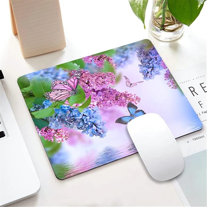 Butterfly Mouse Pad, Spring Blue Purple Lilac Flower with Green Leaves Rectangular Mouse Pad, Non-Slip Rubber MousePads for Office Home Laptop, 9.5"x7.9"x0.12" Inch