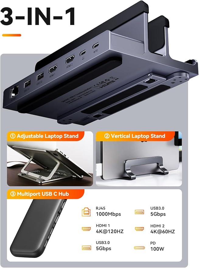 Laptop Docking Station Stand Dual 4K: QUUGE USB C Docking Station Dual Monitor for Laptop, 2 HDMI (Windows Single 4K@120Hz), 2 USB3.0 Ports, 100W PD, RJ45 Ethernet, Universal Laptop Stand USB C Dock