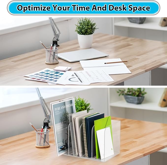Jumyee 4 Vertical Compartments Acrylic Magazine File Holder, Clear Desk File Organizer Sorter, Mail Organizer Office Organization Storage Binder Holder for Desk, Magazine, Books