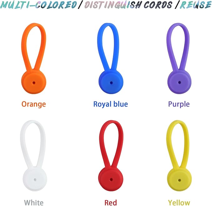 6 Pack Reusable Silicone Magnetic Cable Ties,Magnetic Cable Clips for Bundling and Organizing Headphone Cables,USB Charging Cords, Hanging & Holding,Stitching Fabric Magnetic Twist Ties