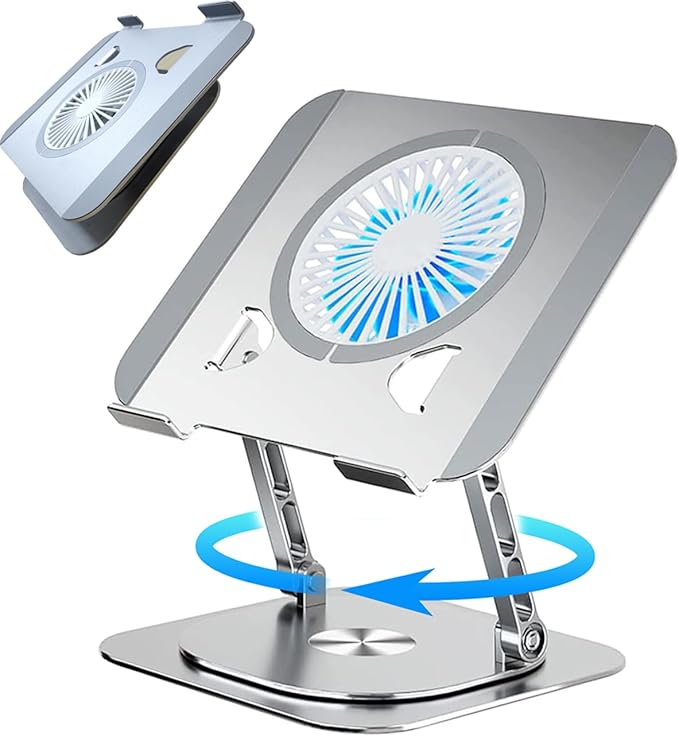 Laptop Stand Fan with 360 Rotating Swival Base, 10inch Riser Height Adjustable for Typing/Viewing/Presentation,Metal Ergonomic Strong Holder,for Heavy Notebook 12 14 15 17Inch MacBook