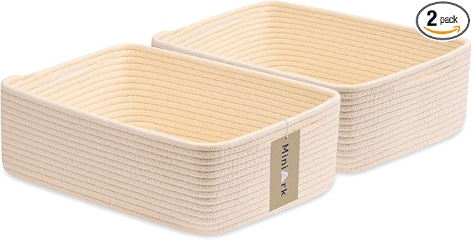 MiniArk Large Shallow Organizing Baskets 15x11x5.1 Inches - Rope Woven Storage Bins for Bathroom, Shelves, Cube Closet, Beige 2 Packs