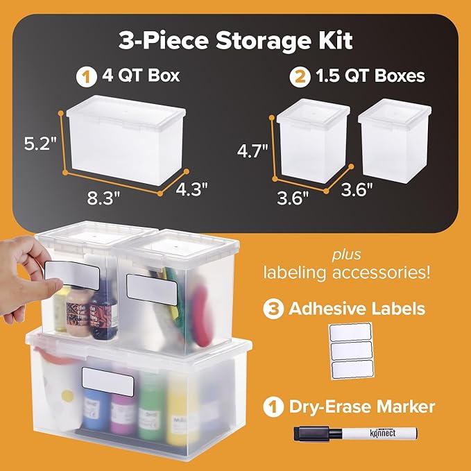 Bostitch Konnect Storage Containers with Lids, Clear Plastic Box, Stackable for Crafts, Home, and Office Organization, Labels, 3-Piece (1 4 Qt Box, 2 1.5 Qt boxes)