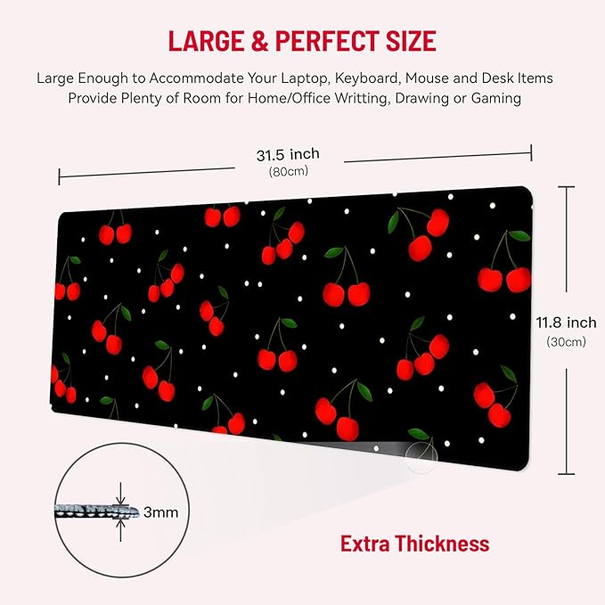 Mousepad Desk Mat Gaming Large Keyboard Cute Office Desktop Computer Laptop Cherry XXL Long Giant Big Kawaii Aesthetic Girly Pretty Design Women Girl Gamer Oversized Wide 30x12'' Mousepad