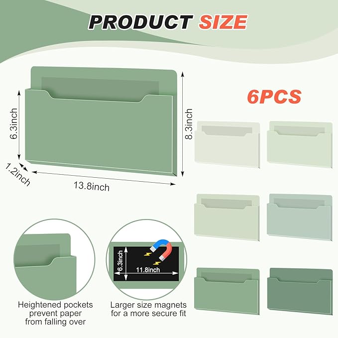 Fuutreo 6 Pcs Magnetic Wall File Organizer Magnetic Wall File Holder Refrigerator Magazine Holder for Mail Letters Paper(Sage Green,Horizontal-large)