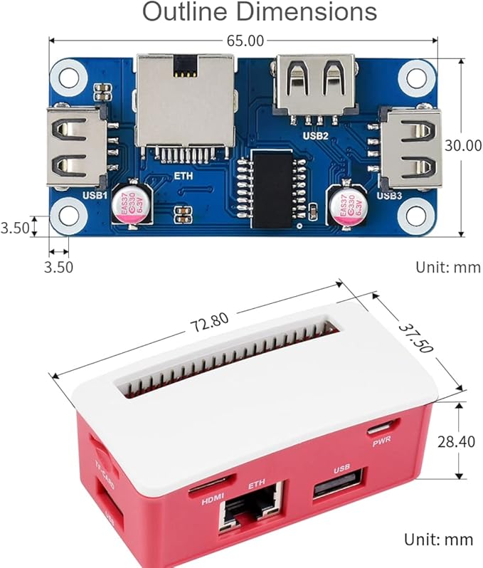 waveshare Ethernet/USB HUB HAT B with Box ABS Case for Raspberry Pi Zero/Zero W/2 W/Zero WH/2 WH,PC,with 1 RJ45 10/100M Ethernet Port, 3 USB Ports Compatible with USB2.0/1.1