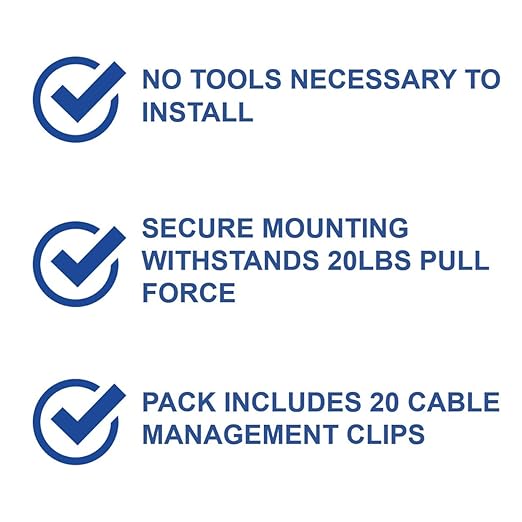 Legrand - OnQ Cable Management Clips, No Tools to Install Wall Cable Management, Cable Clips Withstand 20 LBS Pull Force, Black, AC103520, 20 Pack