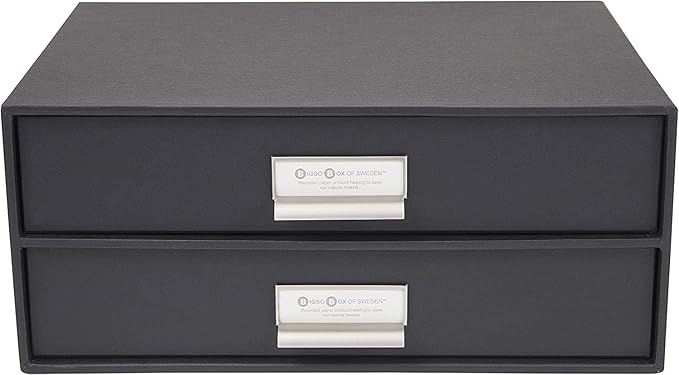 Bigso Box of Sweden Birger 2-Drawer Fiberboard Label Frame Document Letter Box | Desktop Drawers for Loose Papers, Documents with Metal Label Holder | 13.1" x 10" x 5.7" | Dark Grey