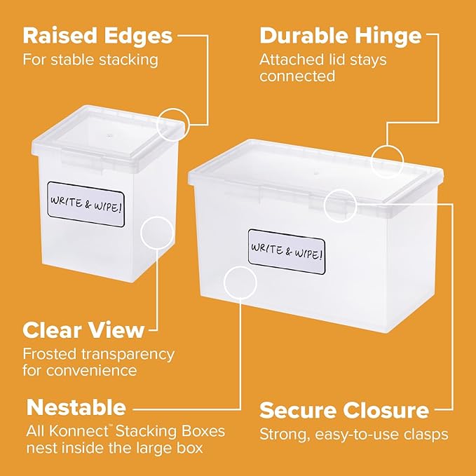 Bostitch Konnect Storage Containers with Lids, Clear Plastic Box, Stackable for Crafts, Home, and Office Organization, Labels, 3-Piece (1 4 Qt Box, 2 1.5 Qt boxes)