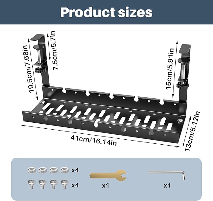 Under Desk Cable Management Tray, No Drill Clamp Mount, Metal Cord Organizer for Desk, Wire Management Rack for Home Office and Standing (Black)
