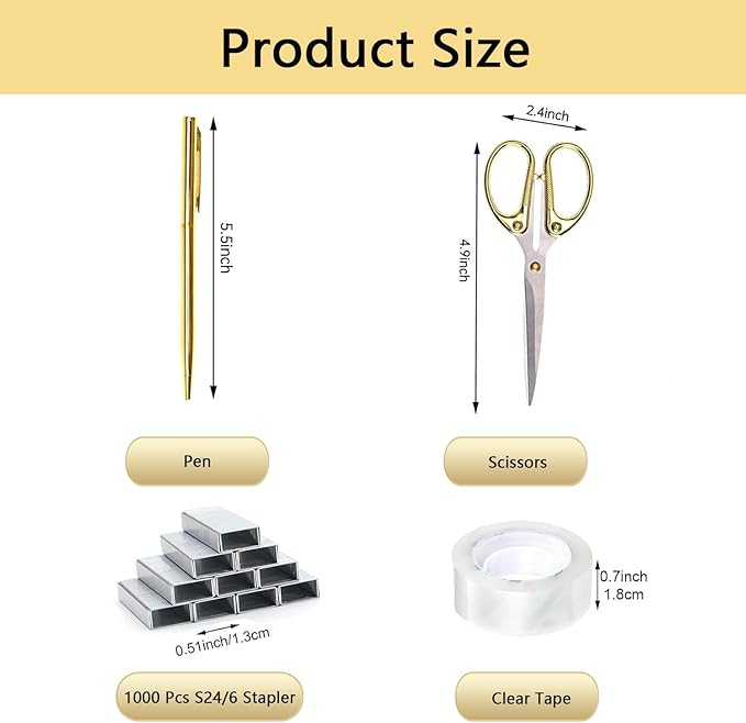 suniya Office Supplies Gold Desk Accessories Set Office Supplies Kit with Stapler, Tape Dispenser, Scissors, Staple Remover, Ballpoint Pen, Clear Tape & Staples – Best Gift for Business or Boss