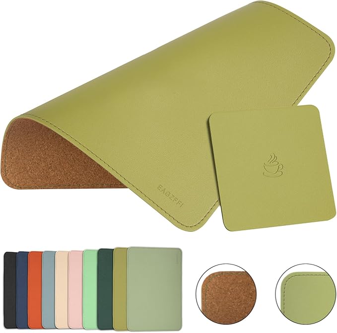 Double-Sided PU Leather & Cork Mouse Pad with Coaster – Reversible, Non-Slip, Stitched Edges for Office & Home, 8x11 Inches,(Olive Green)