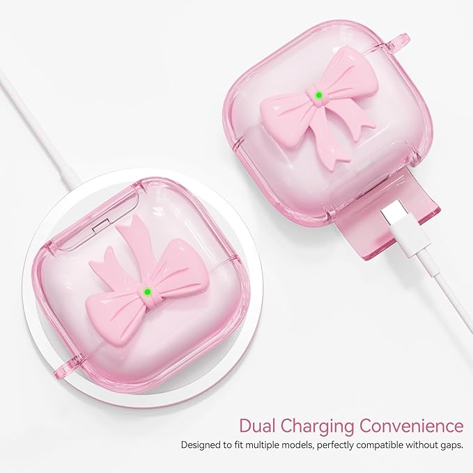 for Airpods 4 Case Pink 2024 with Safety Lock & Phone Stand, 3D Bow Clear iPod 4 Cases with Cute Keychain & Cleaning Kit, Soft TPU Cover for AirPods 4th Generation Case Girls Women