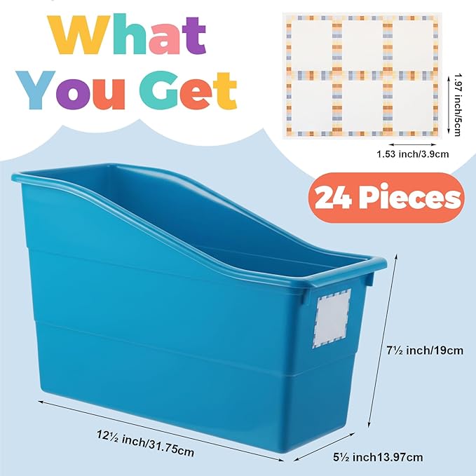 Suzile 12 Pcs Large Book Bins with Labels for Classroom Linking Plastic Storage Book Bins 12.5 x 7.5 x 5.5 Inch Folder Magazine File Holder Container Organizer for Classroom Library Office Home (Blue)