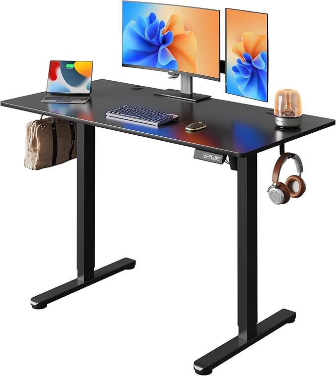 DEVAISE 48 Inch Electric Standing Desk, 3 Adjustable Computer Desk for Home Office, Ergonomic Sit to Stand Desk with LED Touchscreen，Headphone Hook, 3 Memory Preset, with One-Piece Desktop, Black