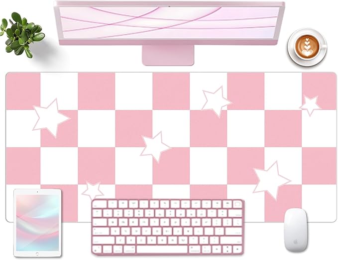 Large Desk Mat 35.4" x 15.7", PU Leather Desk Blotter for Keyboard and Mouse, Non-Slip Office Desk Mat for Desk, Easy Clean Desk Protector Mat, Computer Keyboard Pad for Work Home (Pink, Star)