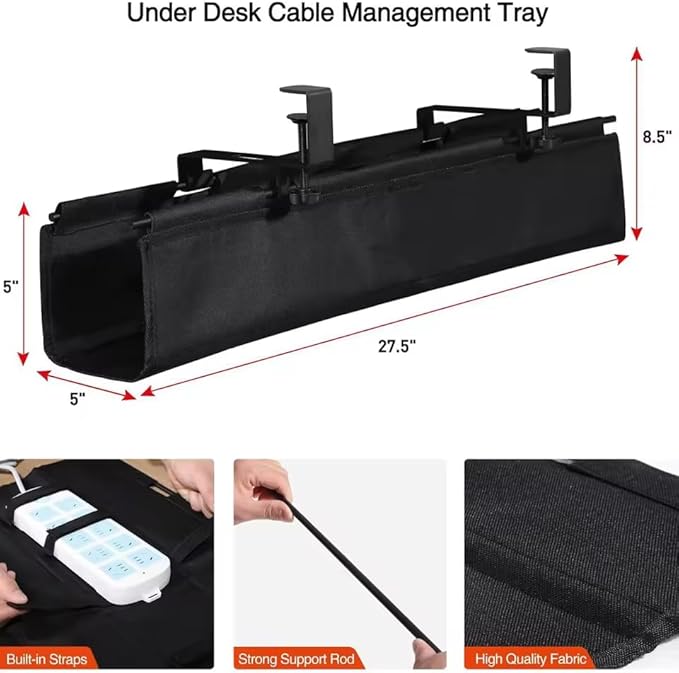 Under Desk Cable Management Tray, 27.5 Inch Fabric Cord Organizer with C Clamp, No Drilling, Fits Desks 0.1 to 2 Inch Thick, Holds Power Strip and Cables, Home Office, Black