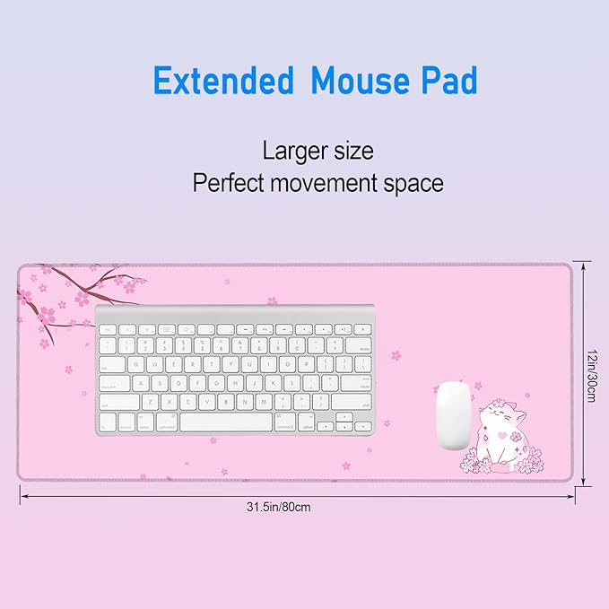 Cherry Blossom Cat Pink Mousepad,Cute Large Anime Gaming Desk Mat,Girly Office Decor Accessories Desktop Keyboard Pad for Women Girls,Aesthetic Japanese Sakura Mouse Mat,31.5x12in