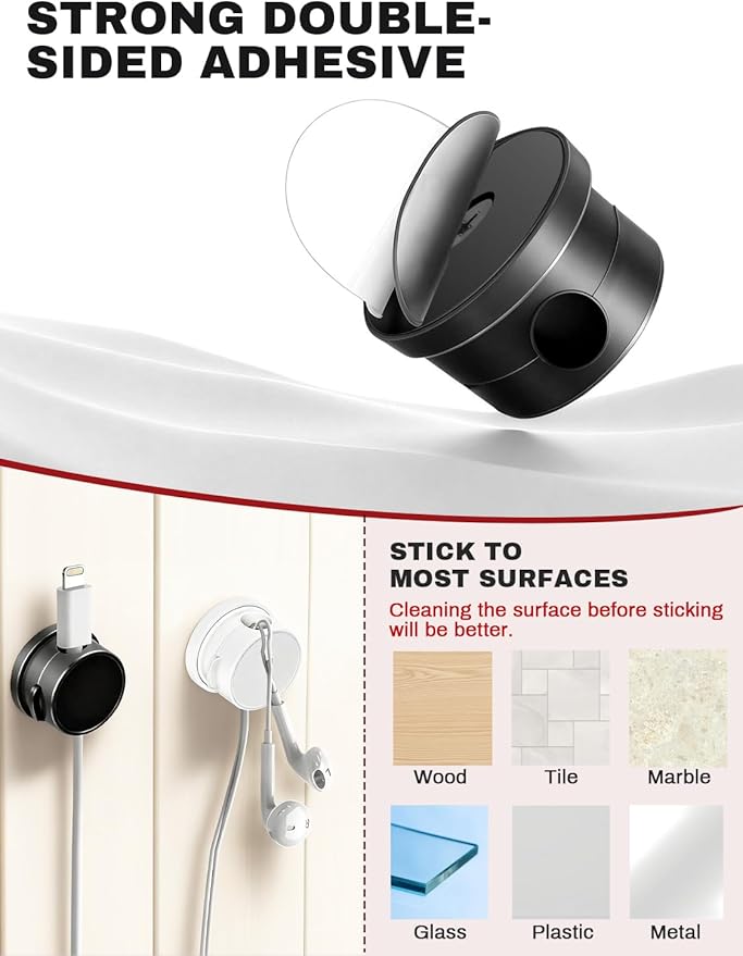 10Pack Magnetic Rotatable Cord Holder with Box, 360°Rotating Clips Cable Organizer for Nightstand, with No-Residue Strong Adhesive for Desk, Phone Cord for Home, Office, Car, Travel Accessories