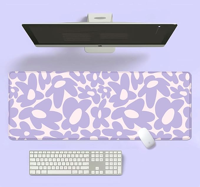Large Mouse Pad, Aesthetic Cute Purple Flowers Computer Desktop Pad, Purple Computer Mats for Desk, Keyboard Laptop Mat, 31.5 x 11.8 inches