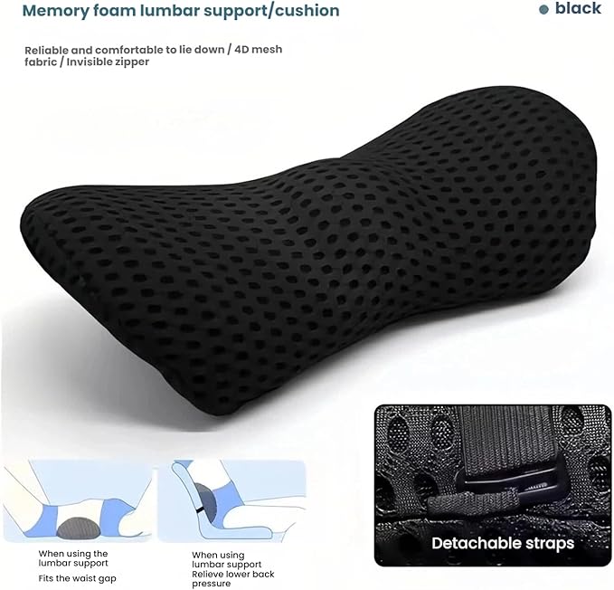 Memory Foam Lumbar Support Pillow with Detachable Adjustable Straps, Lower Back Cushion for Pain Relief, Breathable Washable Cover, for Office Chair Car Seat Recliner Bed