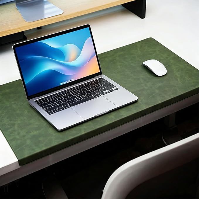 Leather Edge-Locked Desk Pad with Edge Protector, Non-Slip Large Office Computer Mouse Mat, Waterproof Desk Blotter Table Protective Pad for Writing Work (Dark Green,31.5"x15.7")