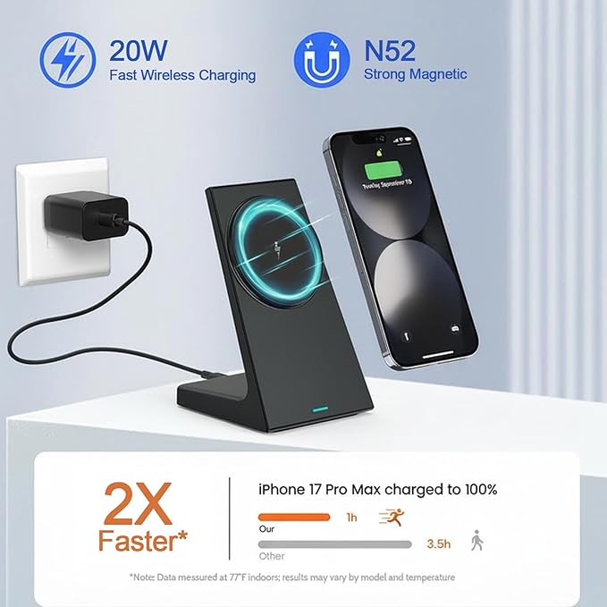 20W Wireless Charger Stand for iPhone, Wireless Charger Fast Charging Station for iPhone 17/16/15/14/13/12, Magnetic Phone Charger Stand for Desk/Bedside